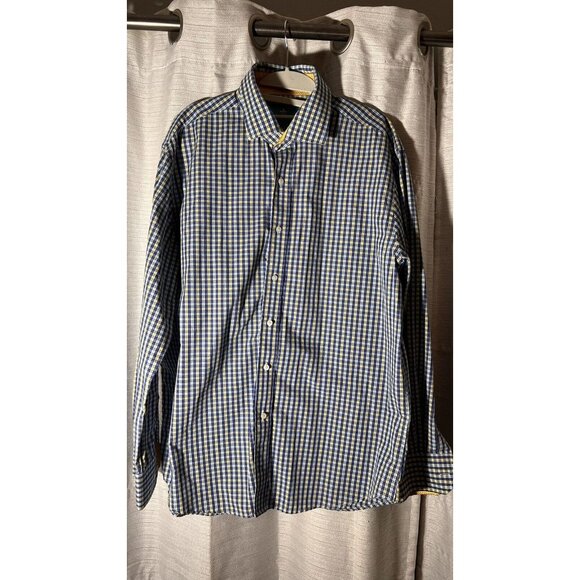 Christian Aujard Paris Mens Blue Yellow Long Sleeve Button Up Size L Flip Cuff - Picture 6 of 7